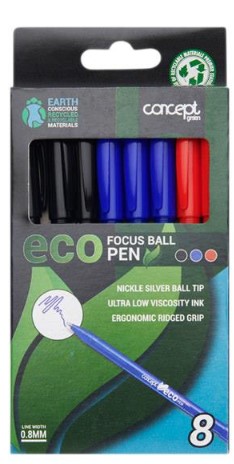 Concept Green Box 8 Asst Eco Focus 0.8mm Ballpoint Pens